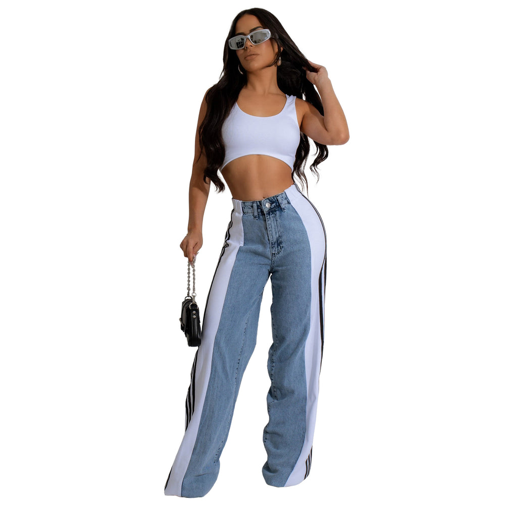 summer fashion patchwork three-stripe wide-leg denim pants - new women's casual high-waisted stretch straight-leg trousers