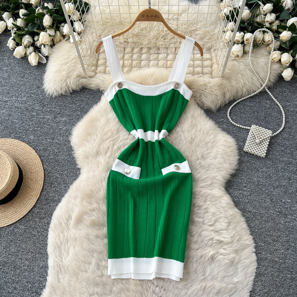 Xiaoxiangfengcontrast color suspender casual sleeveless dress women's summer waist slimming knitting skirt work clothingclassy