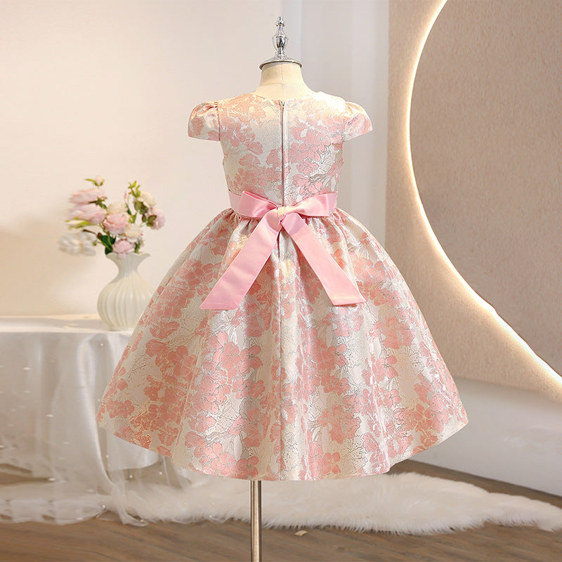 Girls' gold-threaded short-sleeve birthday & first birthday dress - stylish princess gown for kids' parties & performances - in stock