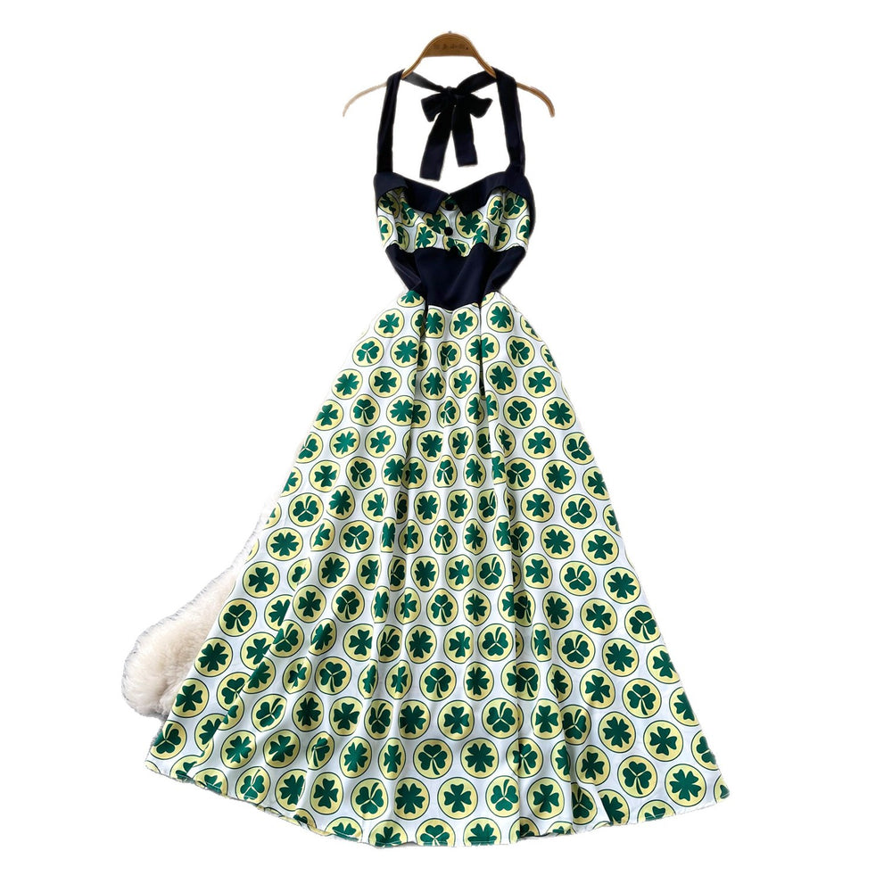 Retro style halterprintingbacklessdress women's summer sleeveless tie back high waistslimming lookelegant a-line skirt