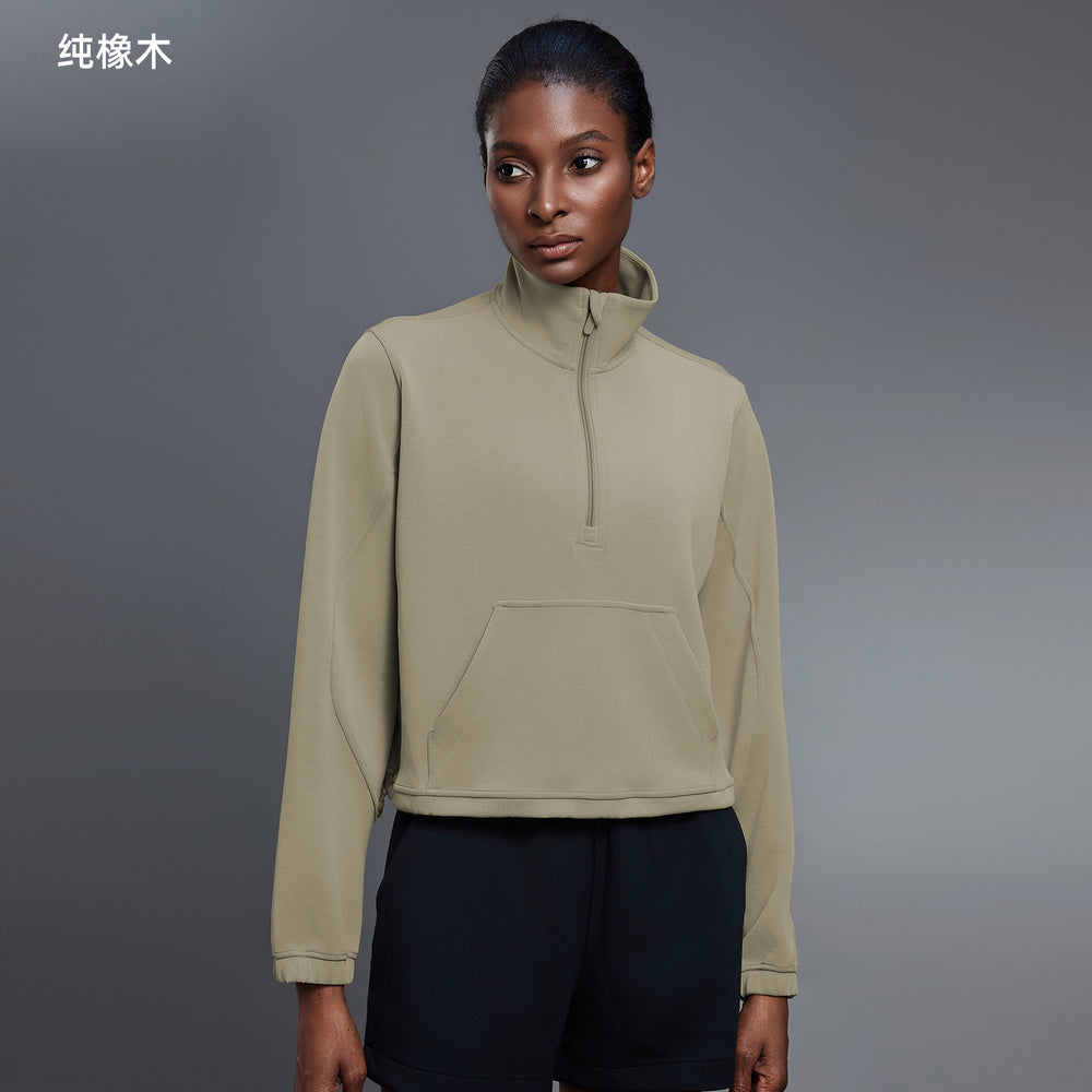 Casualloose half-zip sweatshirt women's autum windproof stand collar drawstring hem fitness sports topsd25136