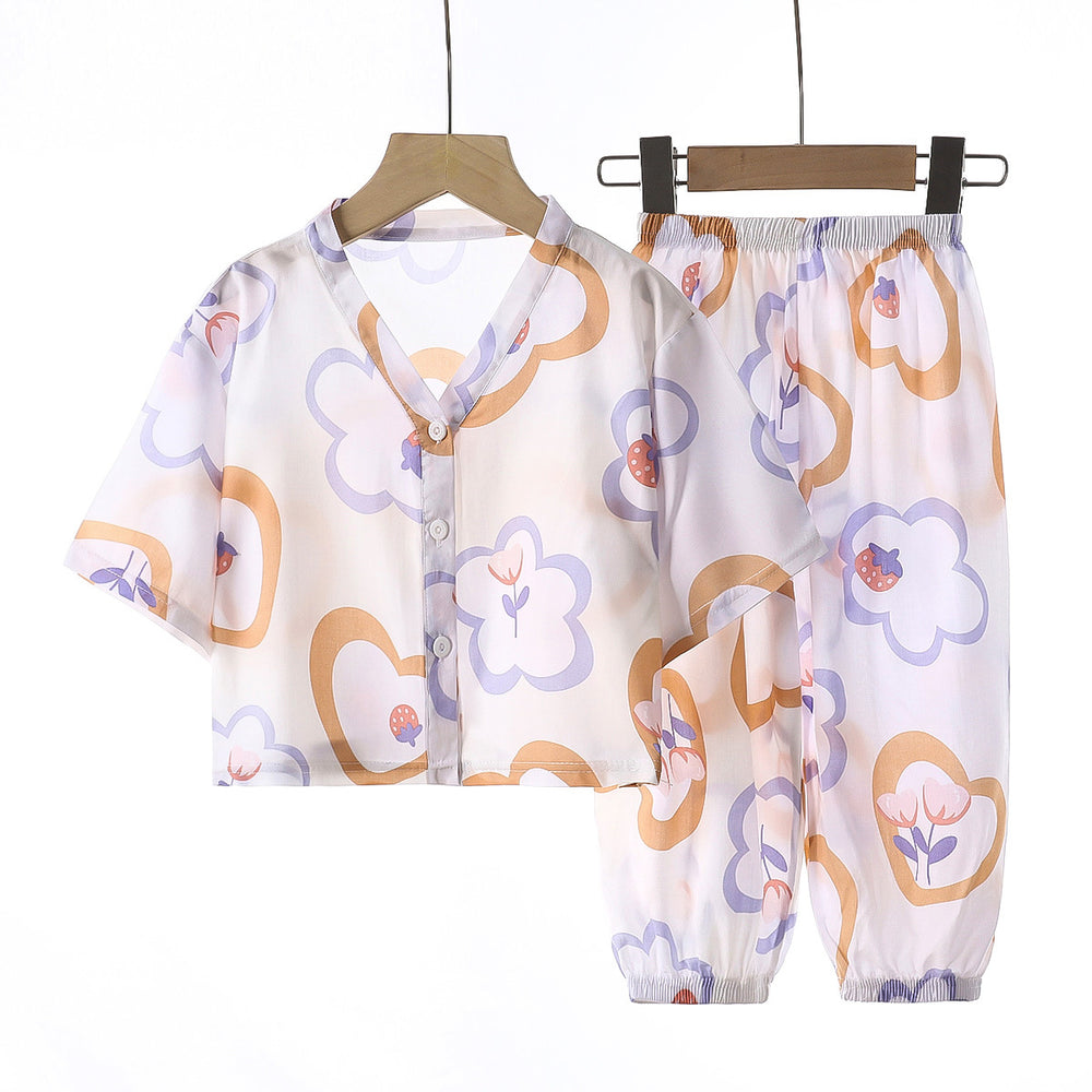 Kids' cotton linen pajama set - summer boys' and girls' sleepwear - rayon two-piece set - cotton linen air conditioning suit - children's clothing