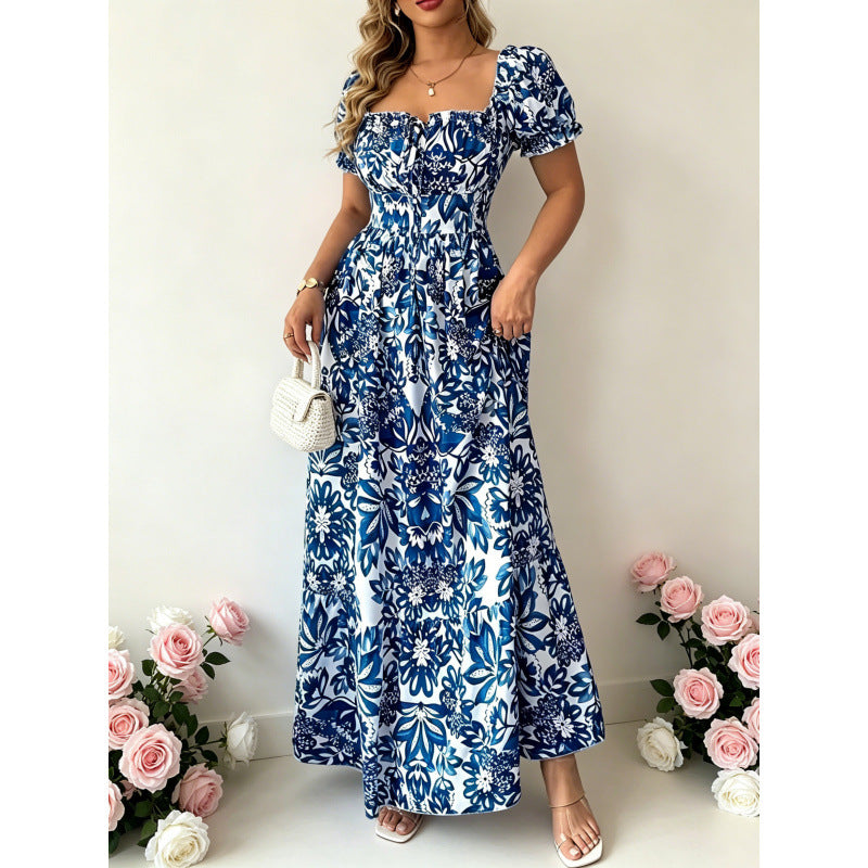 code new arrival  original women's square collar puff sleeves floralsprinting waist a-line skirt