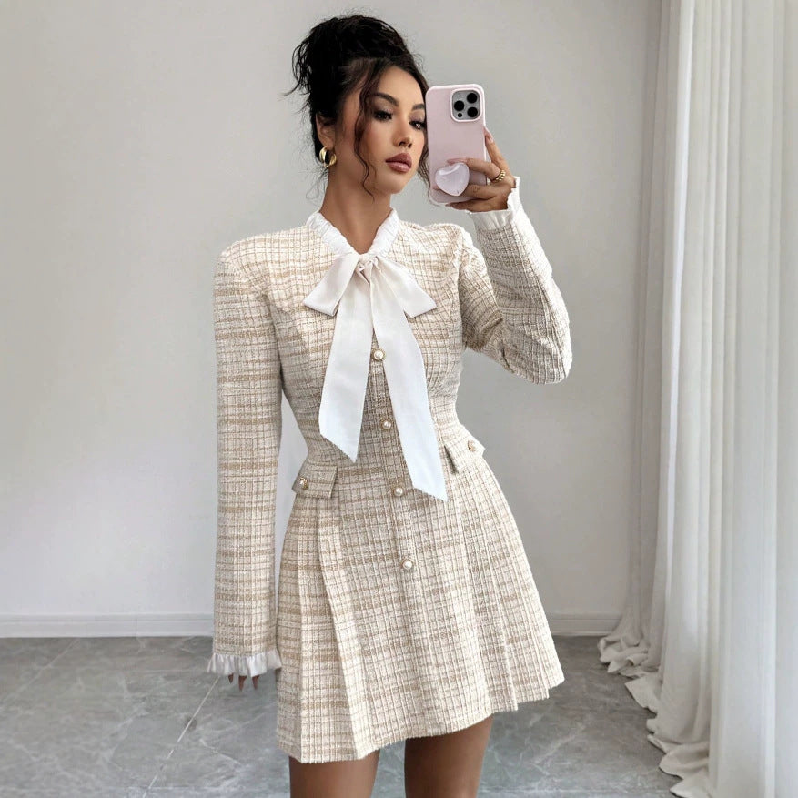 spring/autumn slim-fit, figure-flattering, high-quality, cute & sweet french-style grid dress - a unique and chic short dress