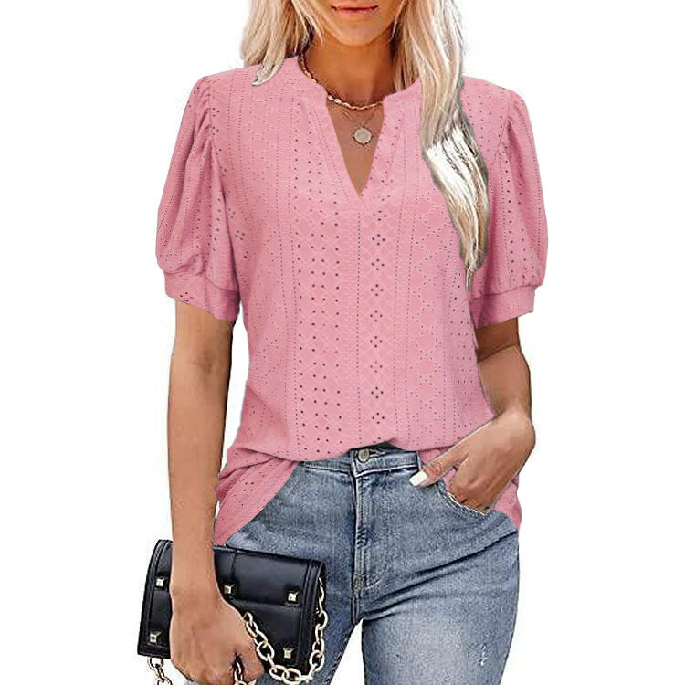 European and american cross-border e-commerce   spring/summer casual v-neck solid color cutout puff sleeve loose t-shirt