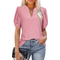 European and american cross-border e-commerce   spring/summer casual v-neck solid color cutout puff sleeve loose t-shirt