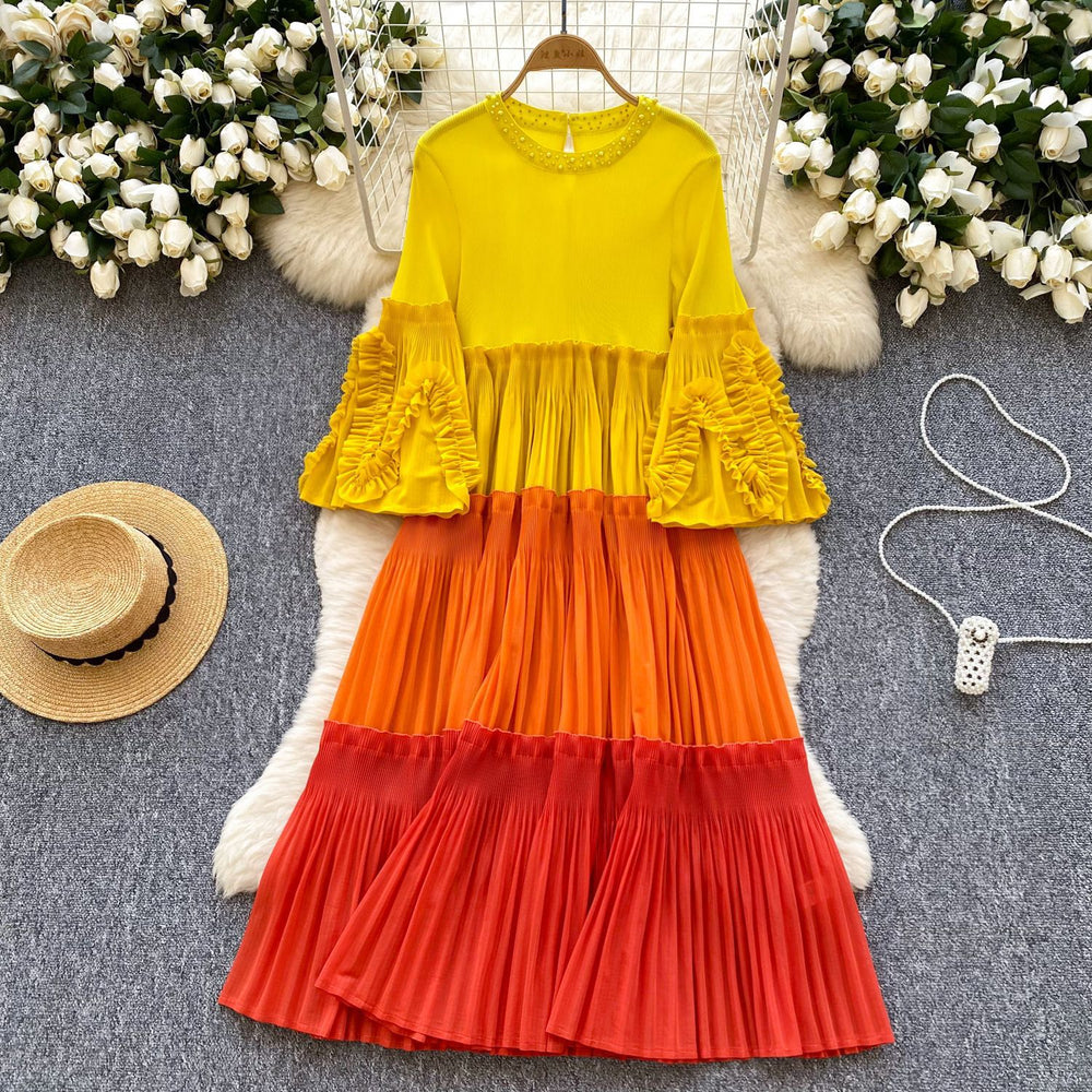 Miyake cross-border wholesale new arrival color matching round neck beading elegantplus size women's miyake pleated dress