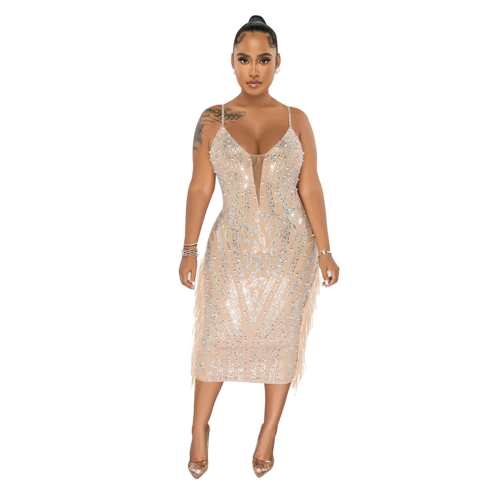C6273   fashion women's solid color camisole sleeveless mesh rhinestone long dress