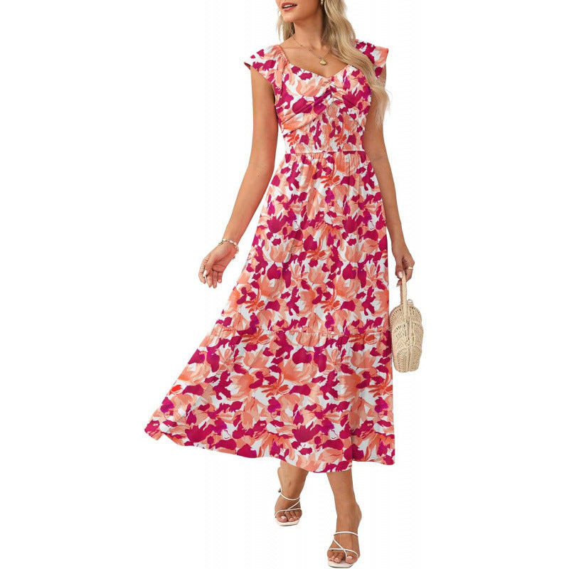 Amazon bohemian ruffle sleeve dress women's  summer new floral flowy a-line dress