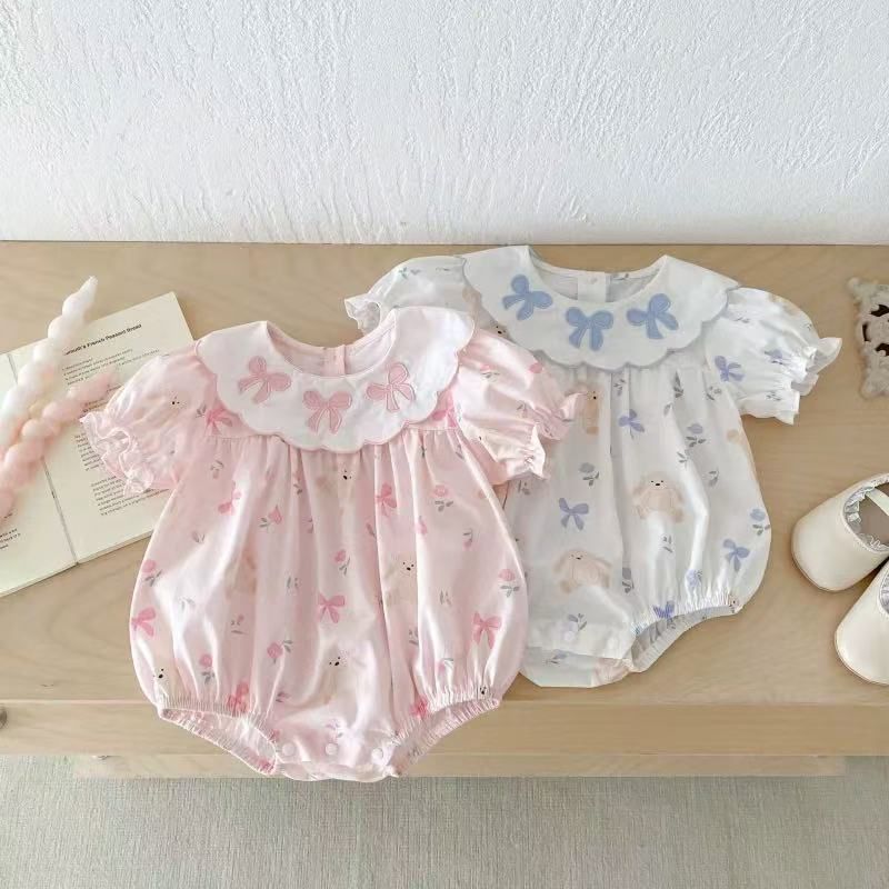 Baby summer clothes: adorable princess romper for baby girls - stylish, sweet, lightweight, short-sleeve, triangle-neck snap-crotch bodysuit