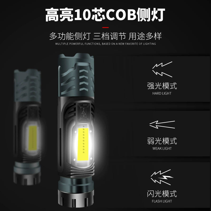 Factory direct sales p90 strong light flashlight multi-function zoom COB with side light usb mobile phone charging window breaker
