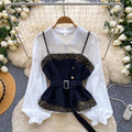 French retro leopard print two-piece set for women - spring/autumn, cinched waist, tie-up layered vest, high-end outfit