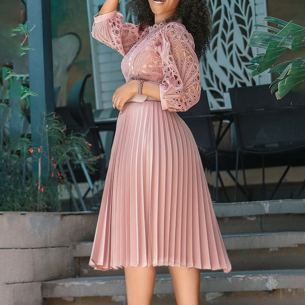 European and american women's clothing  autumn new fashion slimming lace hollow-out patchwork african plus size cross-border dress