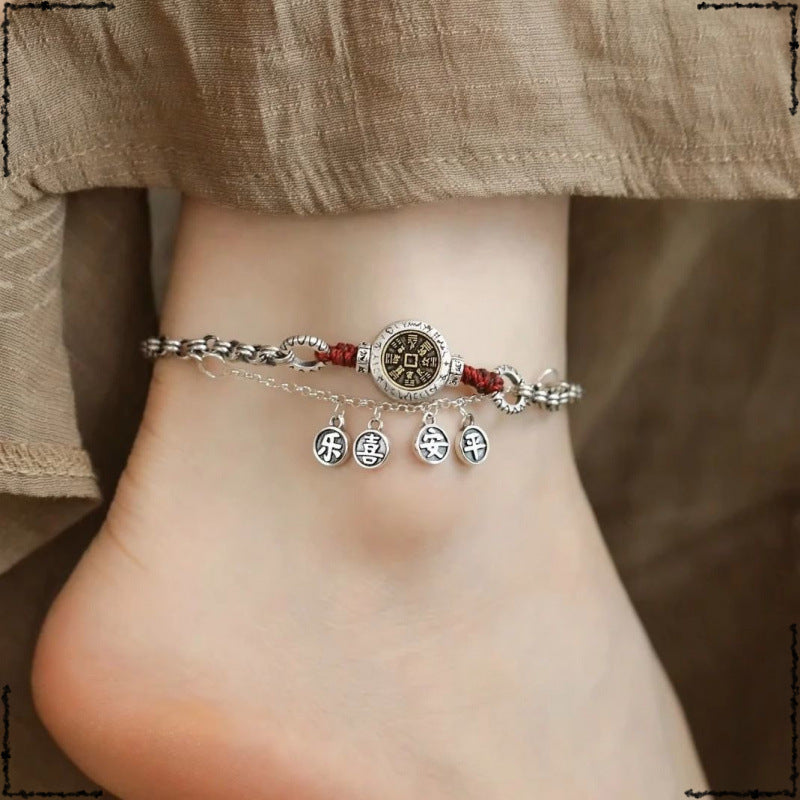 Step by step, safe step by step, happy mountain ghost spends money, red rope anklet, women's retro fringed pendant, copper coin ankle chain