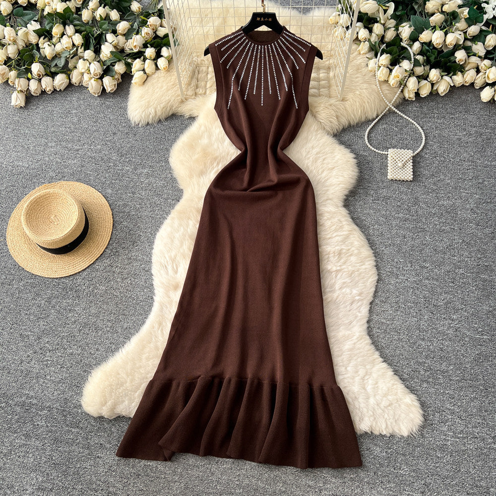 Frenchclassy sense of hot diamond round neck vest dress women's high waist waist fishtail skirt work clothingsense of design long skirt