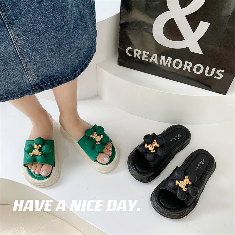Fashionable and luxurious women's slippers: thickened, floral-embellished, indoor/outdoor, bathroom, anti-slip, summer korean style