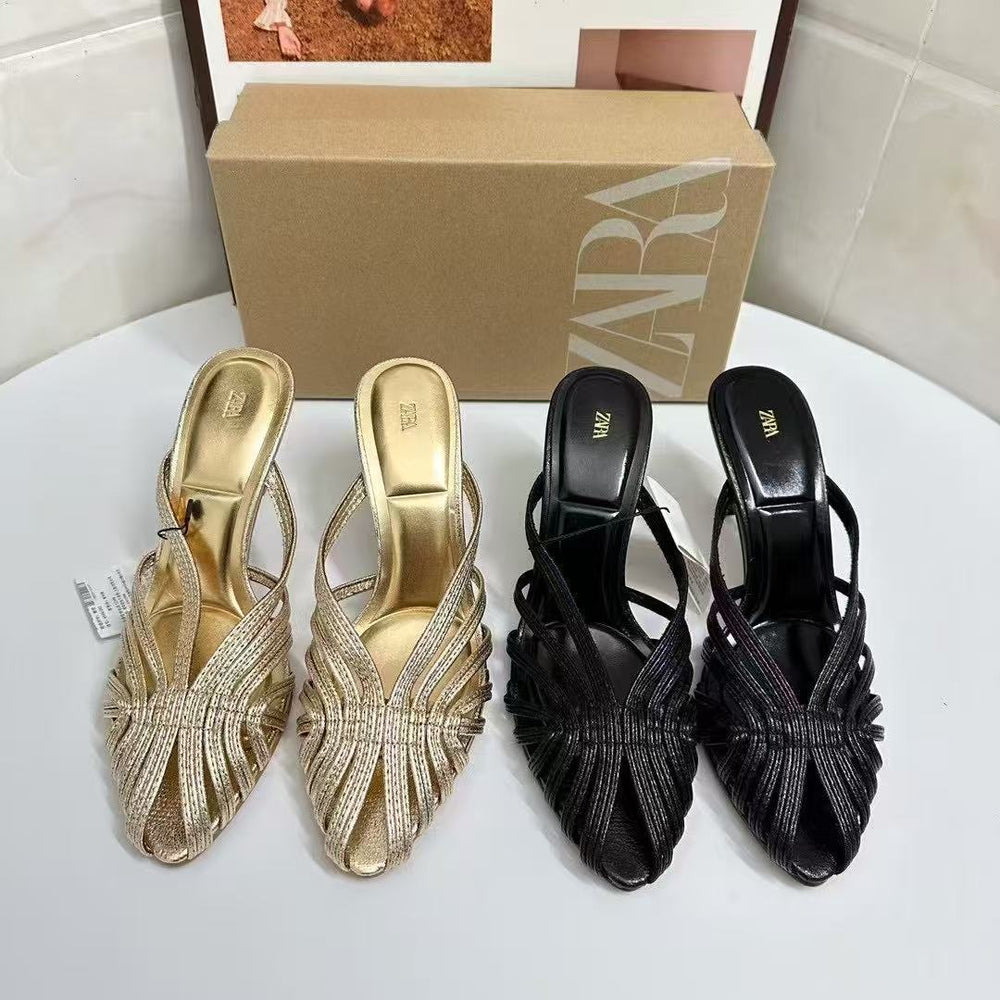 Za retro 2025 summer rhinestone sexy light luxury niche women's shoes outdoor gold high heel sandals