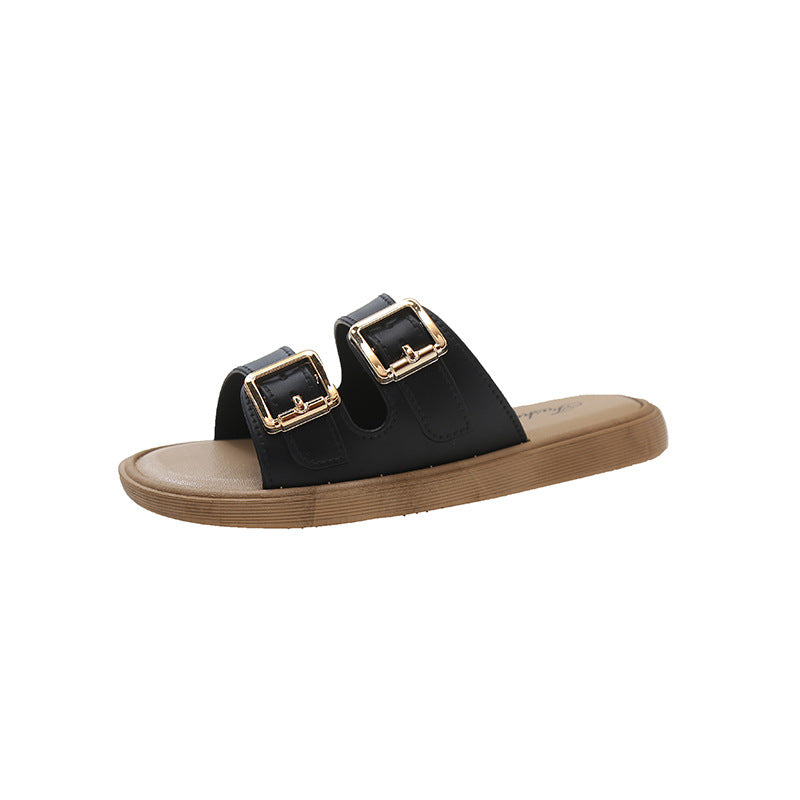 2024 new retro fairy style soft sole flat leather buckle slippers women's summer beach one-strap sandals