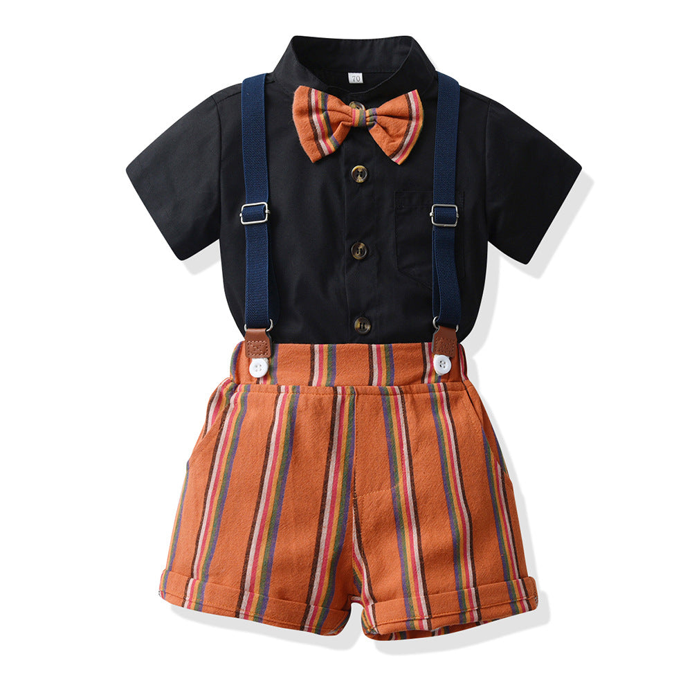 K-stylesummersuit boysfashionable shirt short-sleeved stripes pants suspenders kids summer clothing thin handsome trendy children's clothing