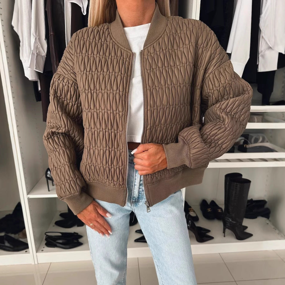 2024 autumn and winter new solid color embroidered short zipper jacket baseball jersey thickened cotton clothing women