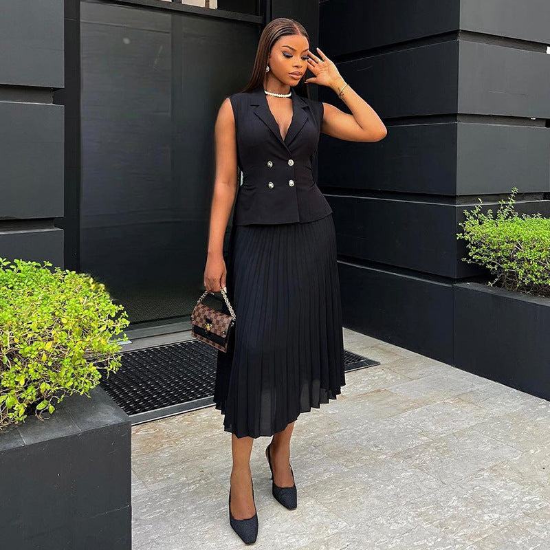Fashion cross-border women's clothing  summer new elegant suit collar double-breasted vest topspleated skirtsuit