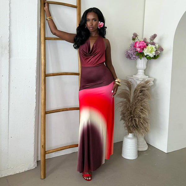 European and American style  splicing fashion women's mesh yarn slim-fitting hip skirt backless sexy swinging collar pleated short dress