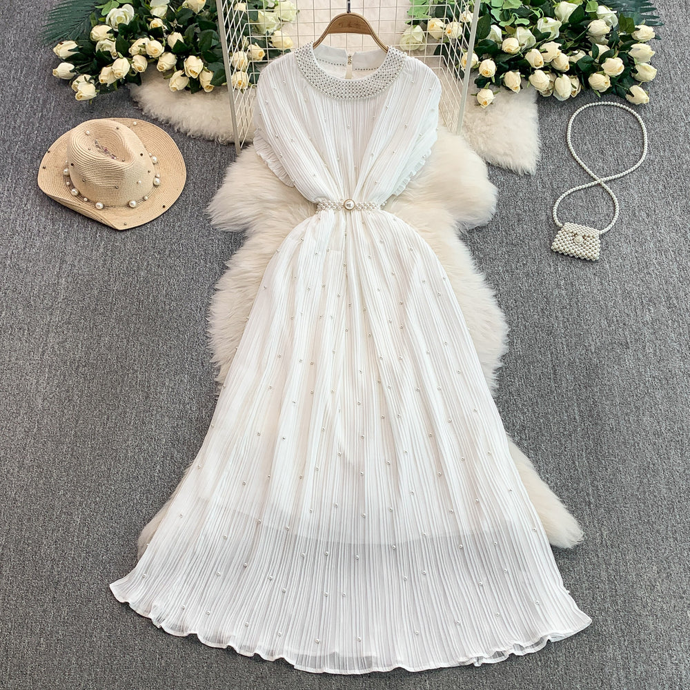 European and american light luxury socialite beaded round neck dress - women's summer slimming pleated elegant long gown