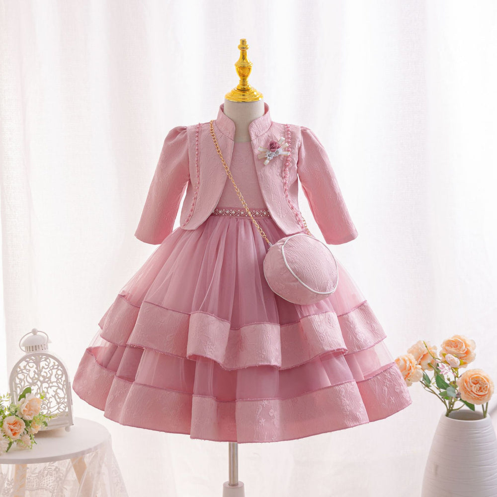 New three-piece children's formal dress set, featuring a beaded floral princess gown, perfect for little girls' piano recitals and flower girl outfits