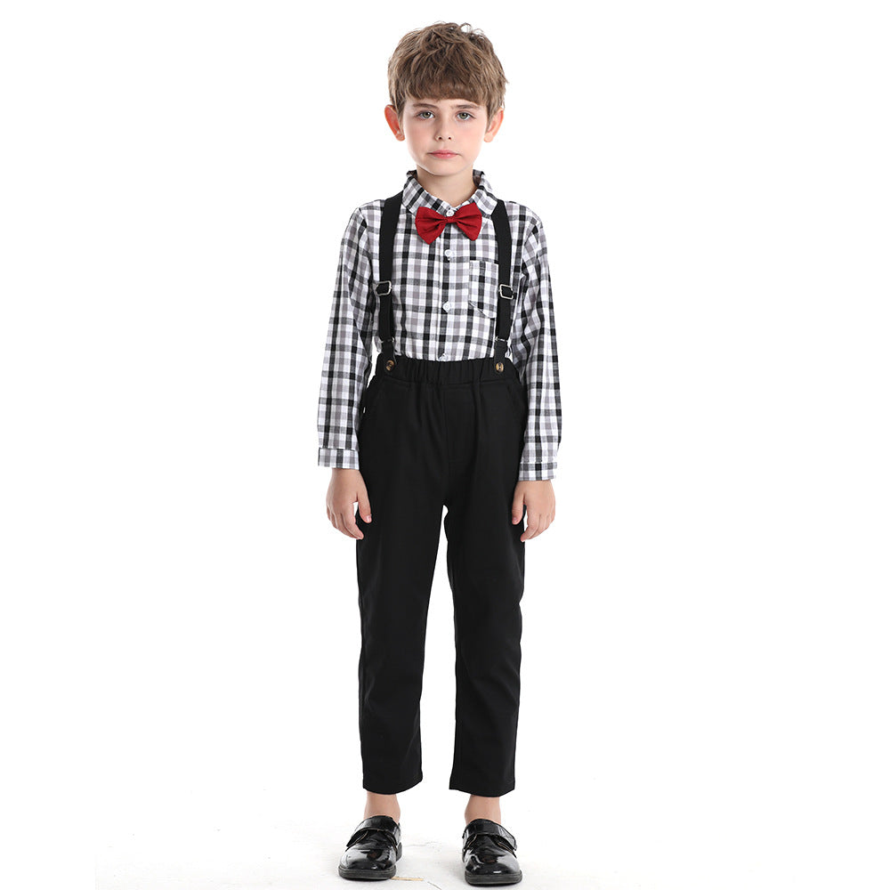 Export spring & fallnew arrival dark plaid shirt pants casualtwo-piece set wholesalechildren's suit
