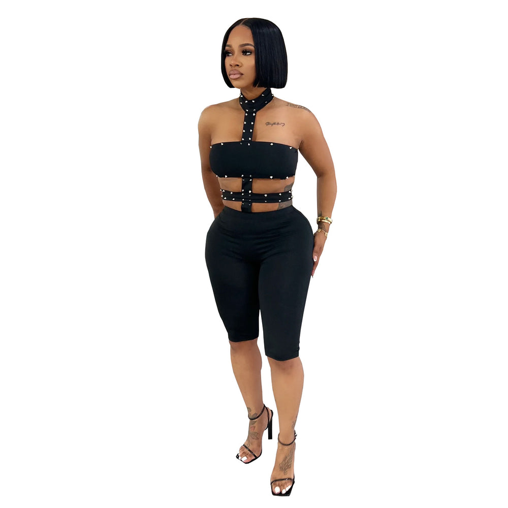 C7728 cross-border   fashion women's sexy off-shoulder beaded halter solid color jumpsuit