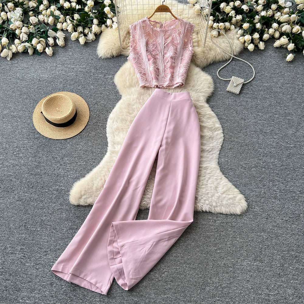 Light mature style classy sense lace vest high waistloose pantstwo-piece set women's summerwork clothingslimming looksuit