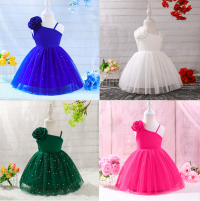 exclusive supply—european and american new children's dress suspender off-shoulder starry sky mesh skirt flower girl princess dress for children