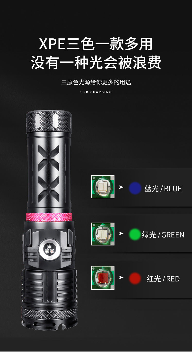 Cross-border new XHP160 high-power flashlight, outdoor strong light with side light red, blue and green LED flashlight