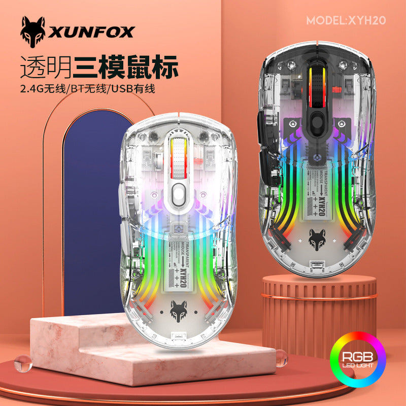 Dazzling silver fox xyh20rgb wireless bluetooth tri-mode transparent mechanical mouse - silent gaming mouse for women