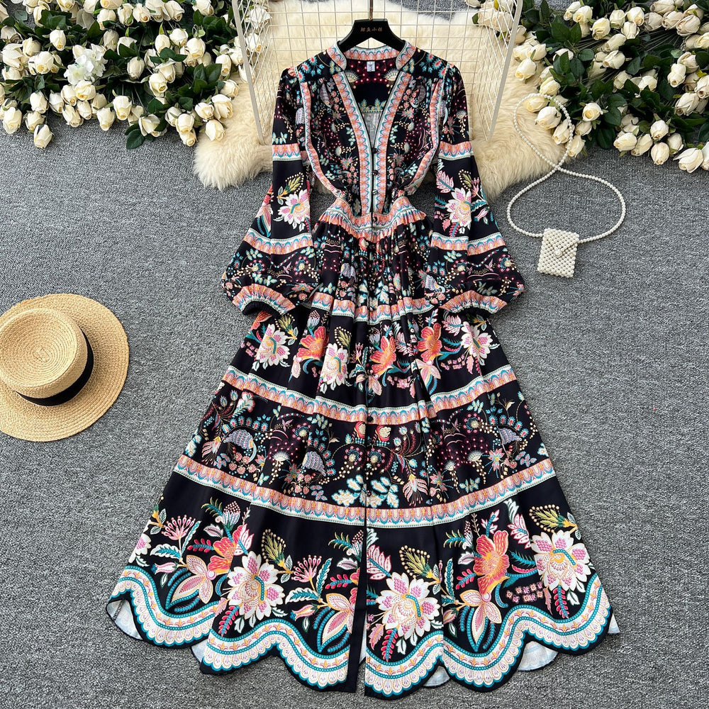 European and american style vintage print dress for women, new spring  collection, slim fit, elegant v-neck, single-breasted long dress