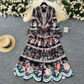 European and american style vintage print dress for women, new spring  collection, slim fit, elegant v-neck, single-breasted long dress