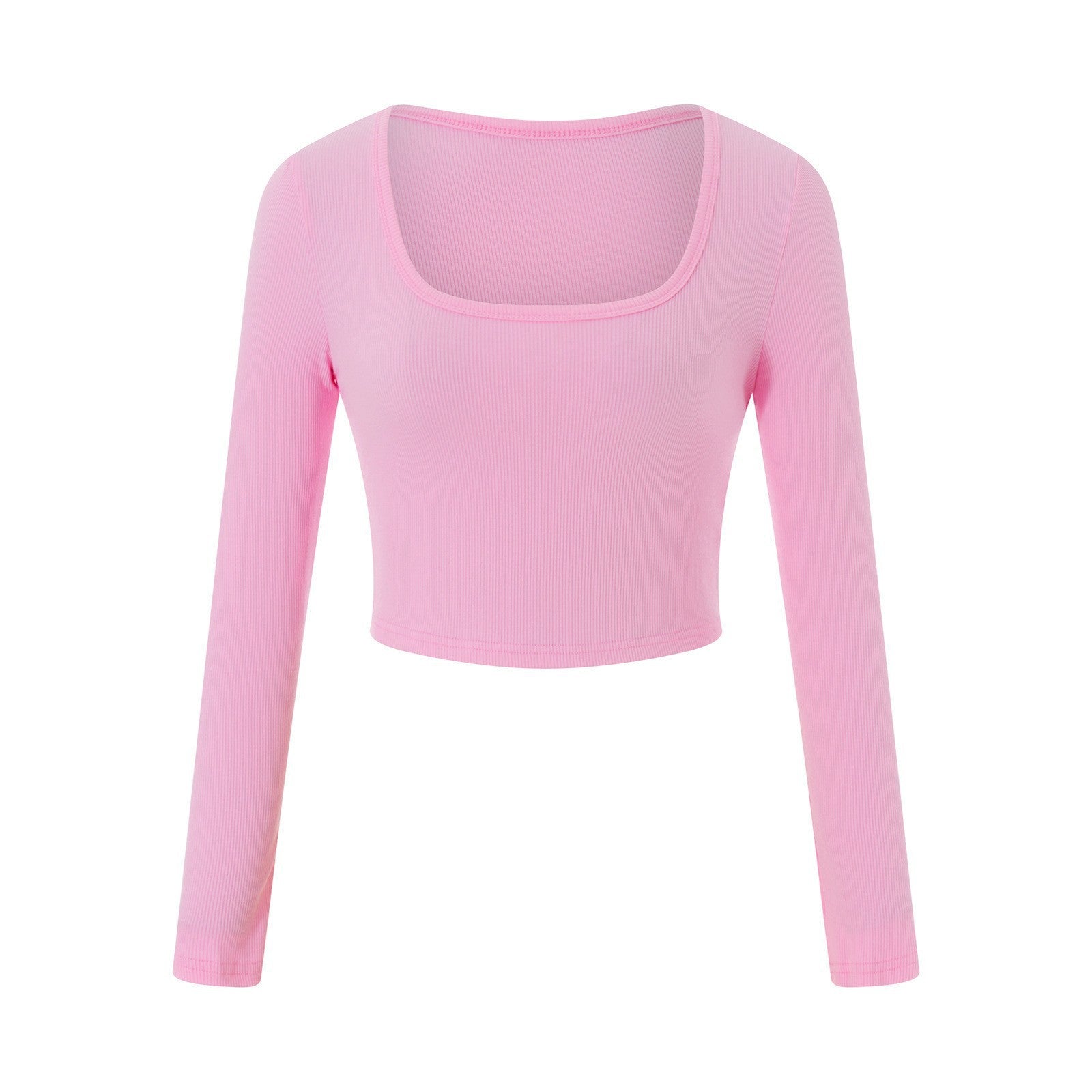 2024 new product  Europe and America, large round neck long sleeve threaded pure cotton ultra-short slim and thin T-shirt with exposed navel base.