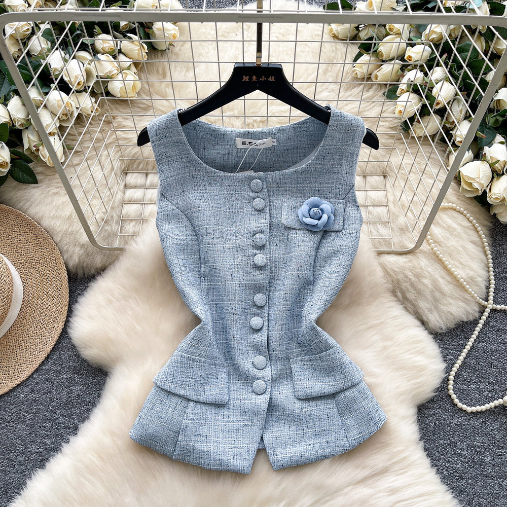 Xiaoxiangfeng v neck single breasted vest for women spring and summer stereo flower brooch waist elegant vest vest work clothing