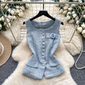Xiaoxiangfeng v neck single breasted vest for women spring and summer stereo flower brooch waist elegant vest vest work clothing