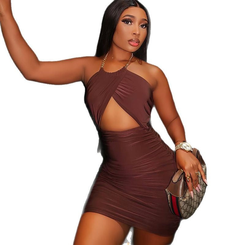 Fashion styleexportfashiontrendy women's silmcut out pleated hip skirtbacklesshalterpure color shortdress