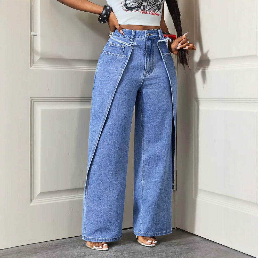 Fashionjeans women's high waist raw edge waist stereo patchwork slit wide leg pants washed loosedrapedpants