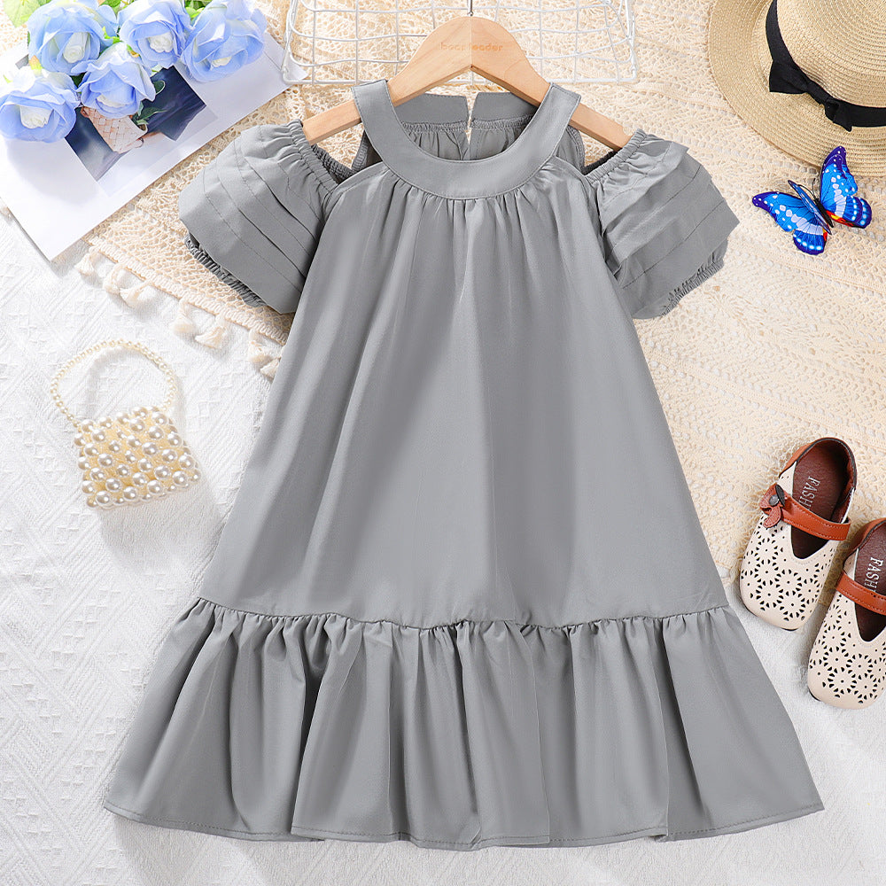 Girls' red summer dress - bubble sleeves, ruffle trim, bohemian style, off-shoulder party dress, korean style