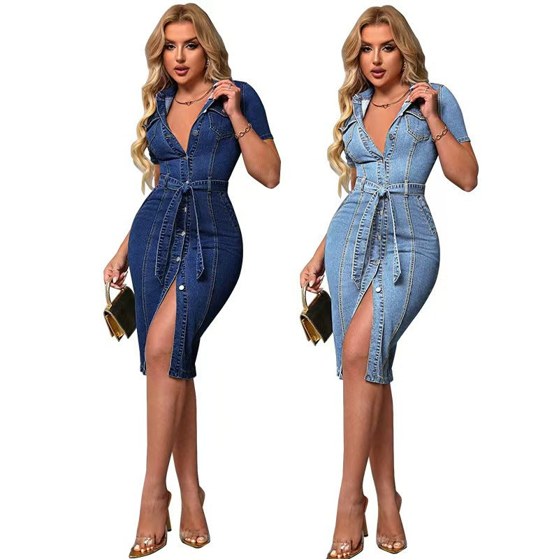 fashion cross-border   independent station women's denim lapel short sleeve waist fashion dress