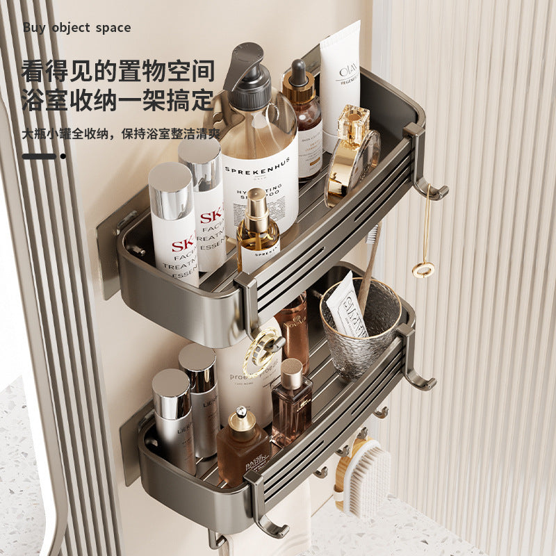 Bathroom shelf - rectangular, punch-free, wall-mounted, household toilet organizer, space aluminum, thickened storage rack