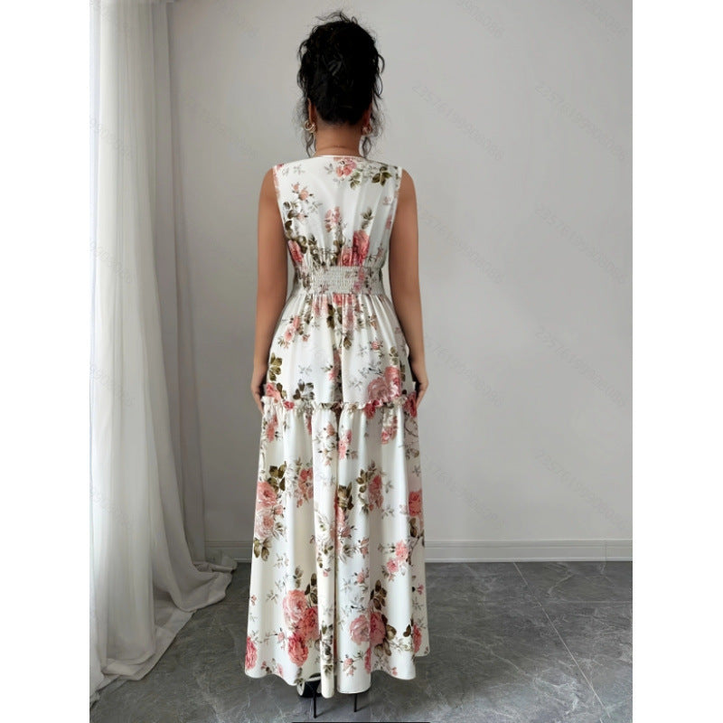 Women's new summer french chic floral print v-neck sleeveless maxi dress - perfect for dates