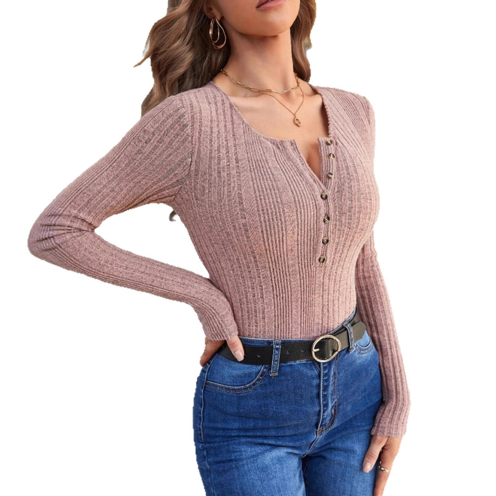 Custom high-stretch long sleeve t-shirt with striped henley neck and button detail – elegant and casual autumn/winter top