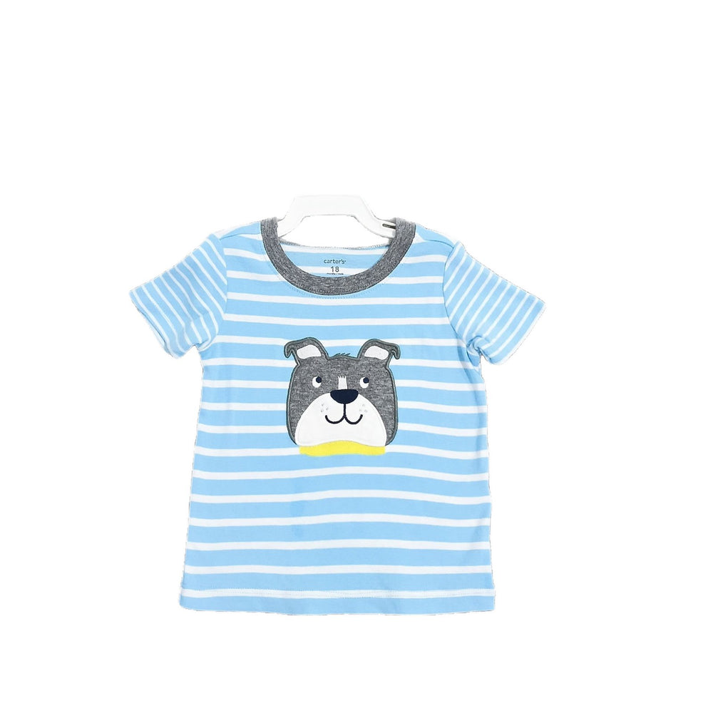 Original export carters boys' blue and white striped puppy print 100% cotton short-sleeve t-shirt, baby summer crew neck top