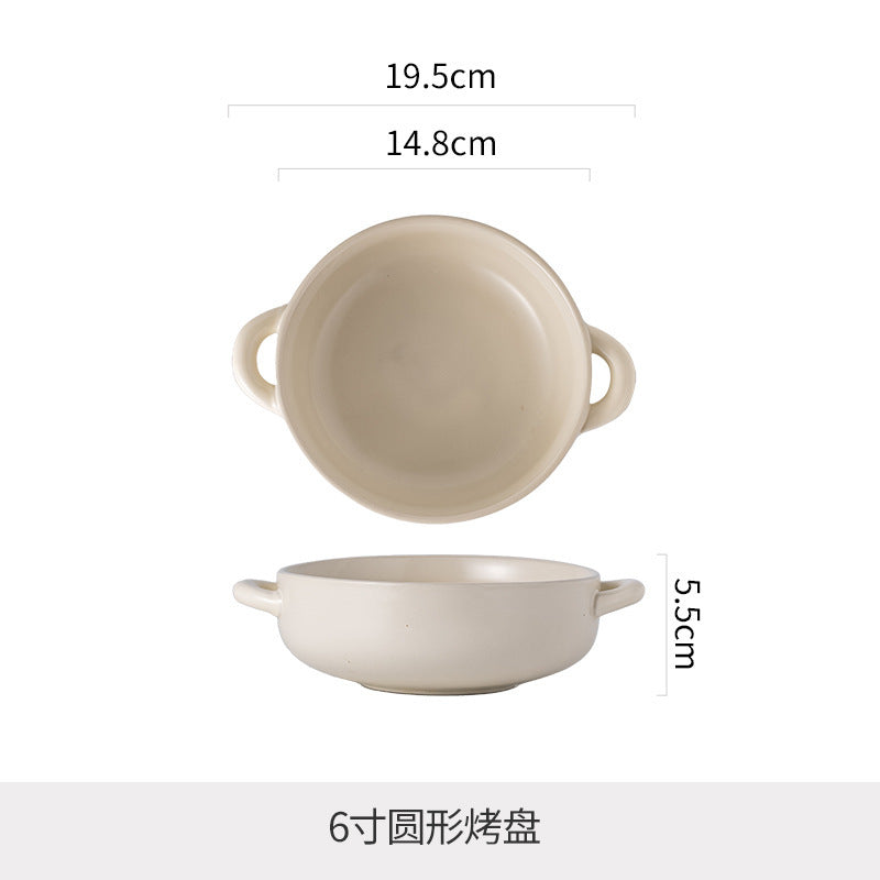 Scandinaviancasualpure color double ear handle baking dish round baking dish restaurant hotel creative baked rice plate ceramic plate plate