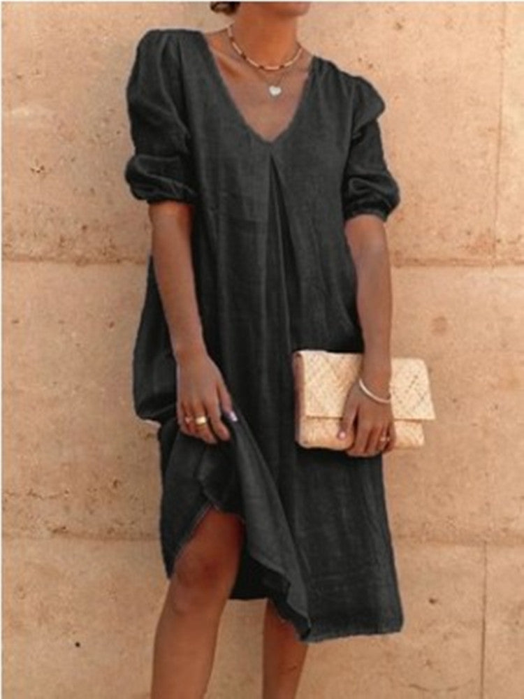european and american cross-border   cotton linen solid color fashion mid-length long sleeve casual midi dress