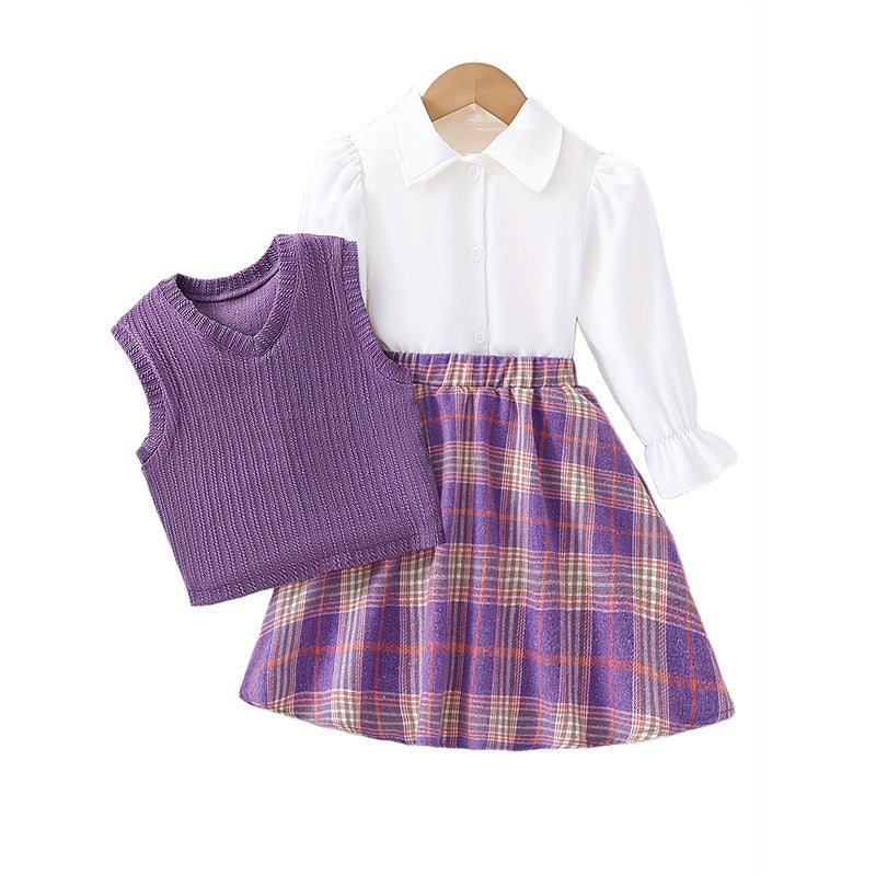 girl skirt suitk-style dark purple knitting vest plaid skirt doll collar shirt preppy style three-piece set